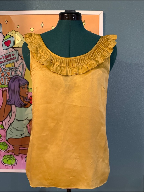 J. Crew Tops - J.Crew 100% Silk Pleated Ruffle Neck Tank Top Gold